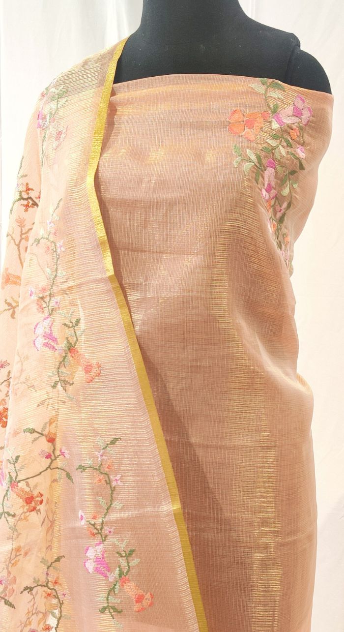Peach Chanderi Kota Machine Work Suit