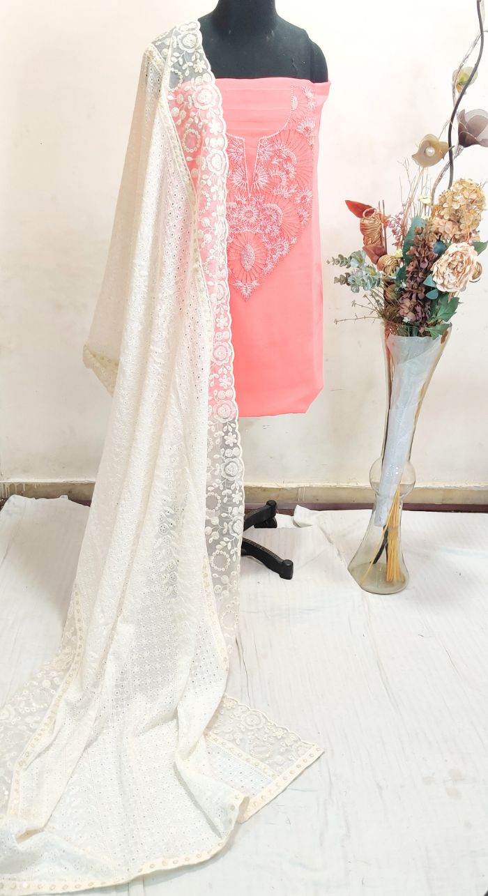 Unstitched Georgette Hand Embroidered 3 Piece Suit With Cut Work Organza Dupatta