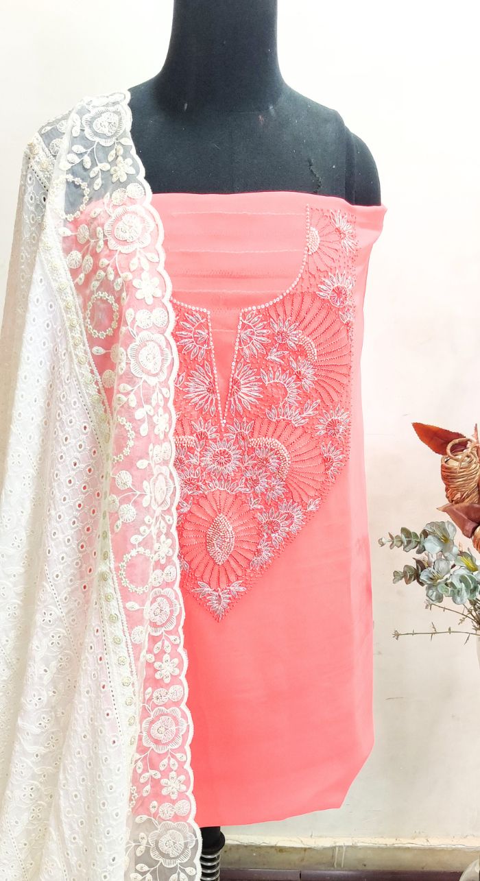 Unstitched Georgette Hand Embroidered 3 Piece Suit With Cut Work Organza Dupatta