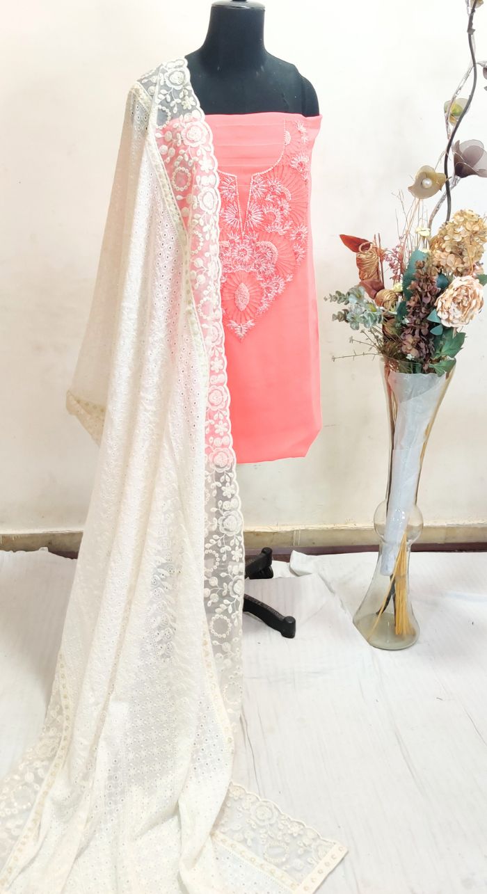 Unstitched Georgette Hand Embroidered 3 Piece Suit With Cut Work Organza Dupatta