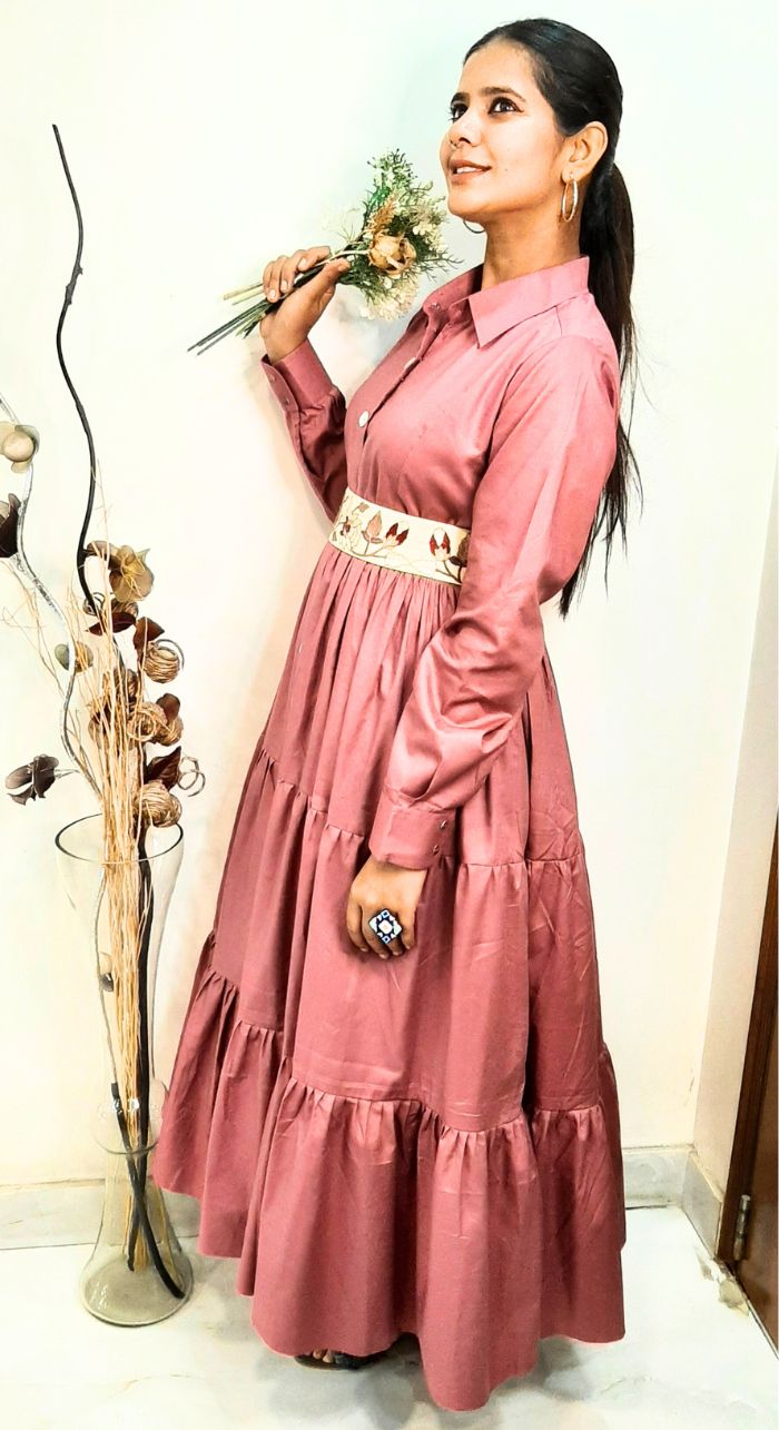 Glace Cotton Maxi Dress With Embroidered Belt