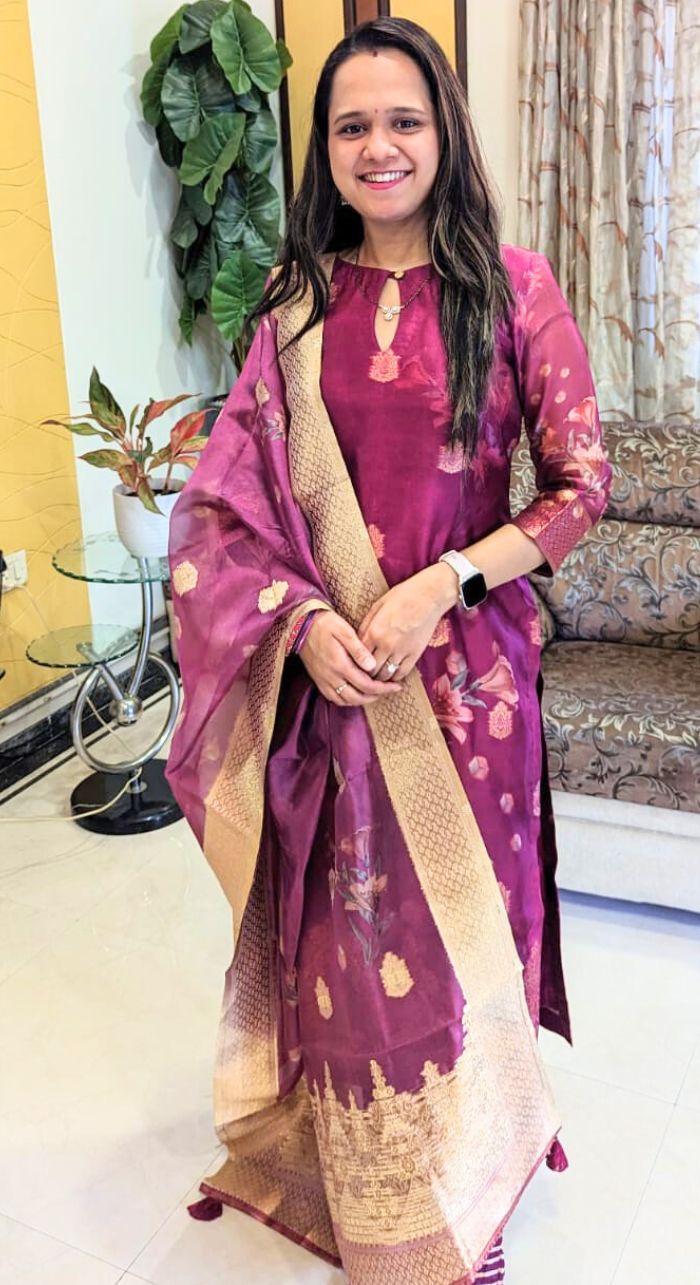 Wine banarasi silk suit with matching organza dupatta