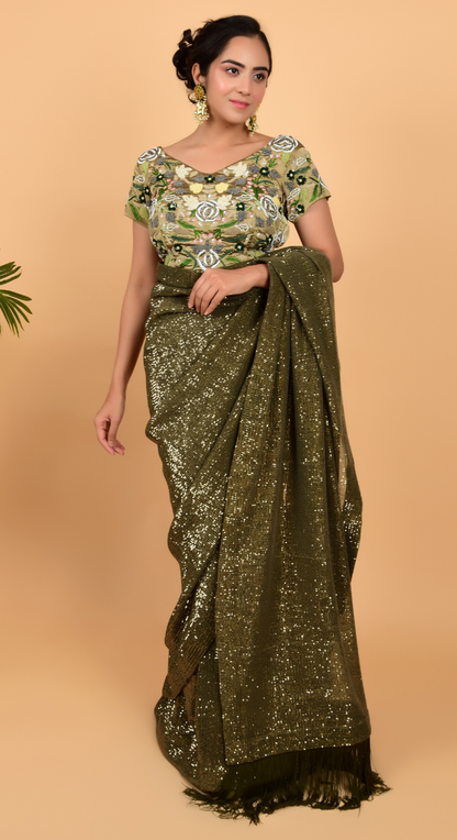 Designer Sequins Saree With Hand Work Blouse