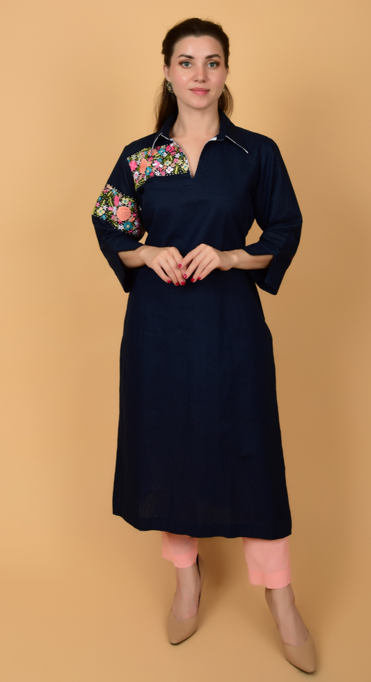 Navy Blue Linen Hand Work Kurta