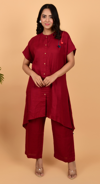Maroon Linen Co-Ords With Hand Work