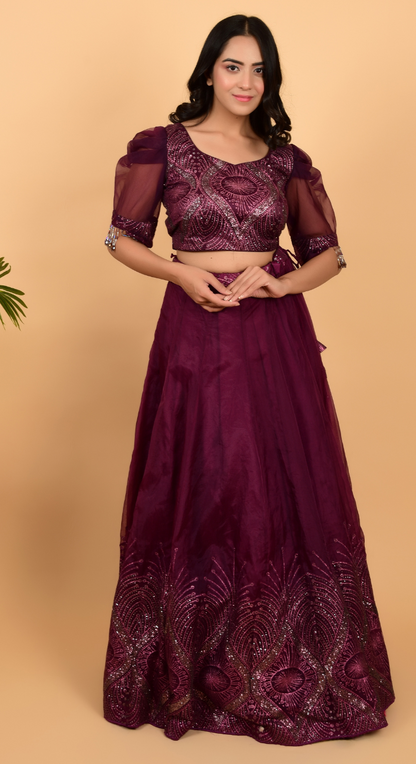 Wine Colour Glitter Work Lehenga With Crop Top