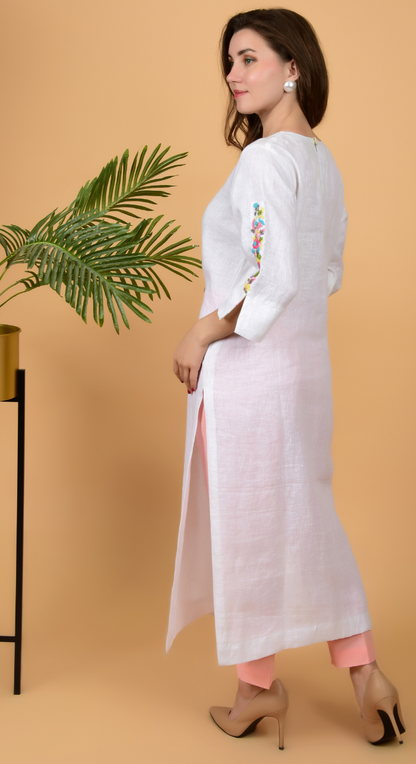 White Fancy Linen Hand Work Kurta