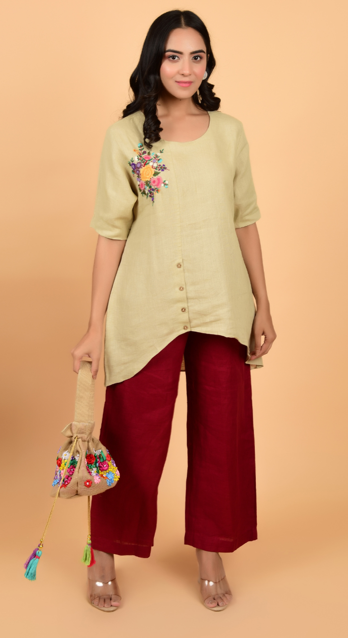 Linen Shirt With Hand Work Embroidery