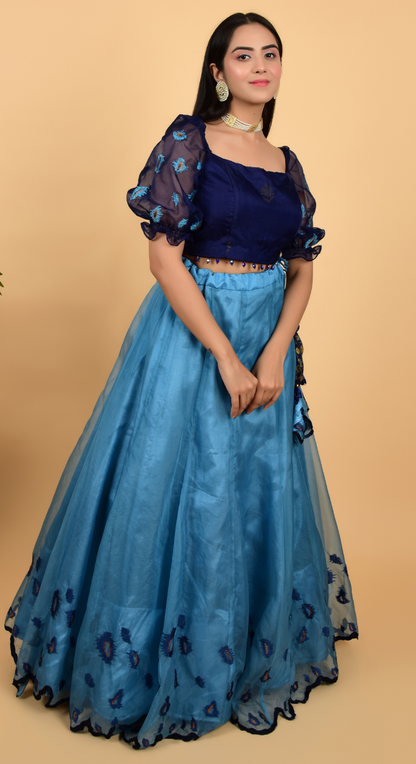 Blue Organza Lehenga With Crop Top