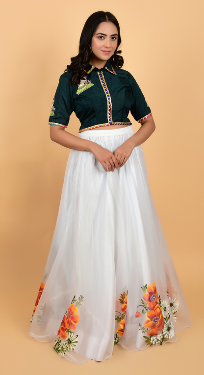 White Free Hand Painted Floral Border Lehenga