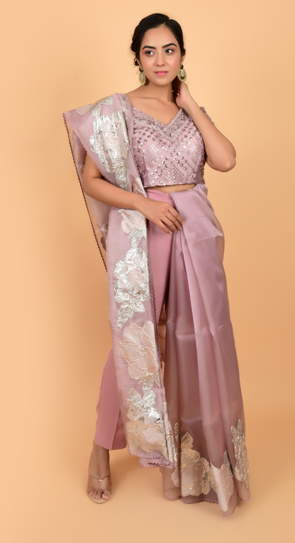 Tissue Organza Pink Saree