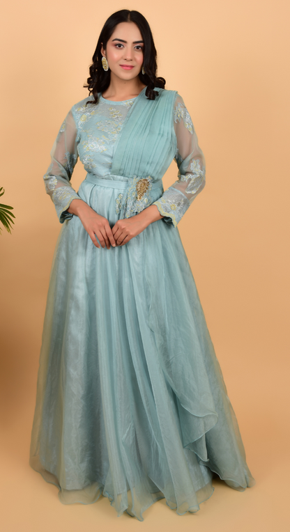 Sky Blue Organza Drapped Gown