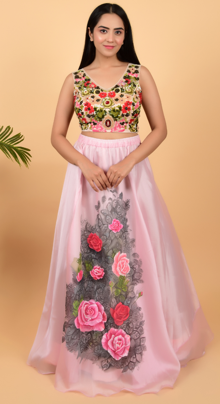 Floral Free Hand Painted Lehenga