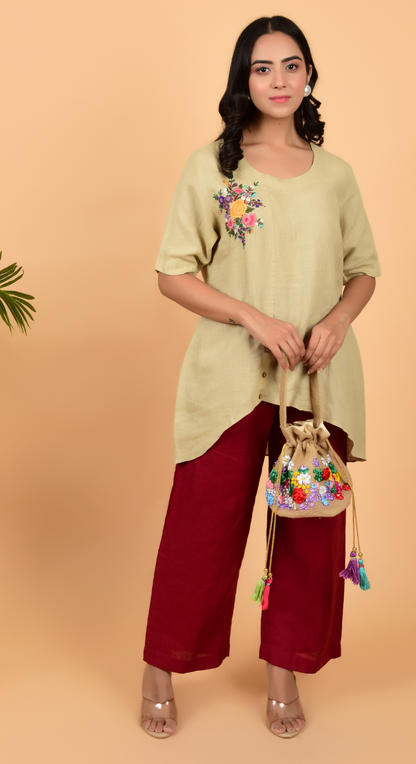 Linen Shirt With Hand Work Embroidery