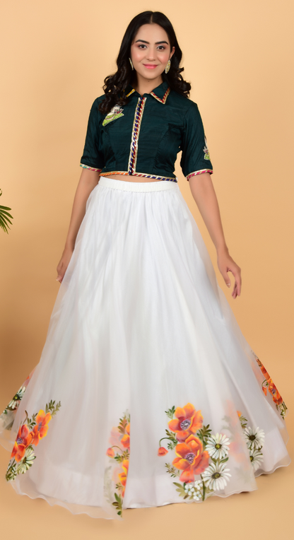 White Free Hand Painted Floral Border Lehenga