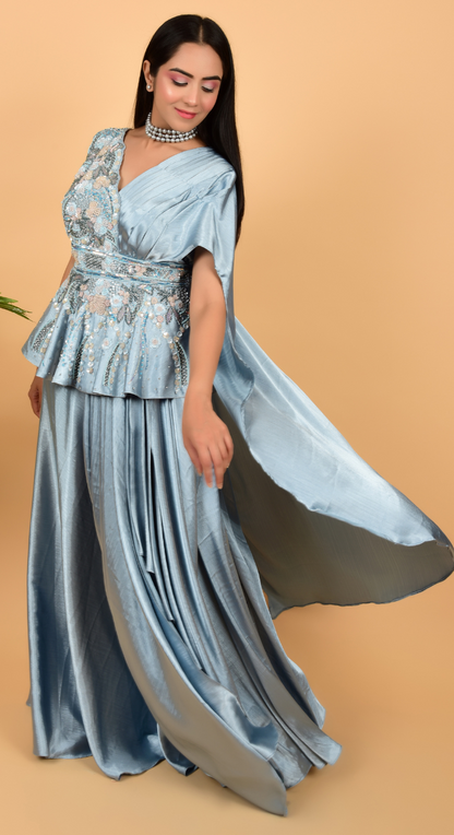 Sky Blue Hand Work Peplum Top With Draped Skirt