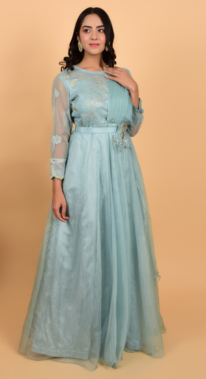 Sky Blue Organza Drapped Gown