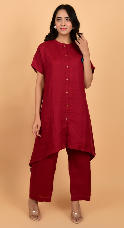 Maroon Linen Co-Ords With Hand Work