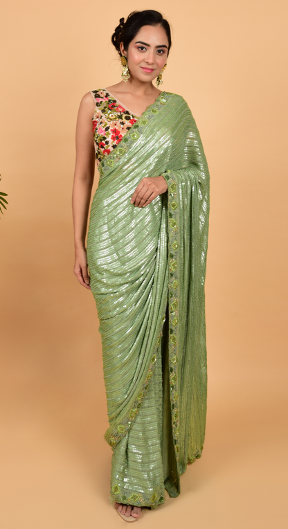 Green Sequins Saree
