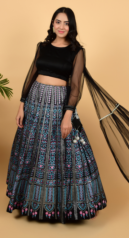 Black Foil Printing Lehenga With Designer Blouse Media 1 of 6