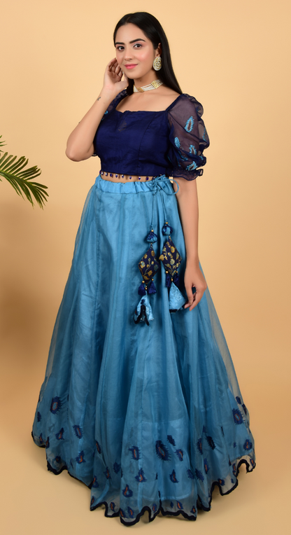 Blue Organza Lehenga With Crop Top