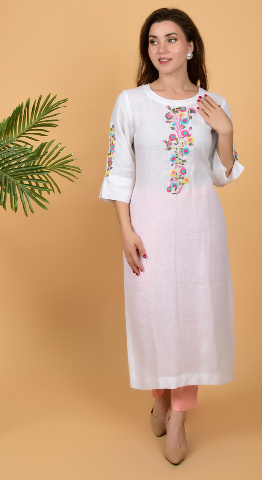 White Fancy Linen Hand Work Kurta