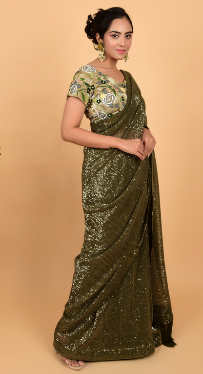 Designer Sequins Saree With Hand Work Blouse