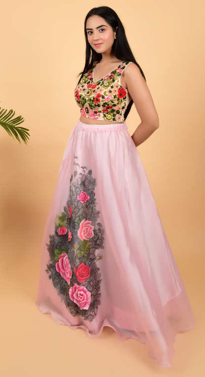 Floral Free Hand Painted Lehenga