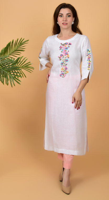White Fancy Linen Hand Work Kurta