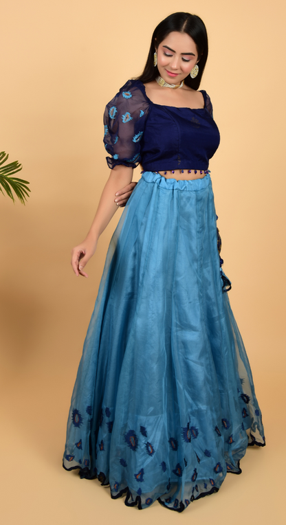 Blue Organza Lehenga With Crop Top