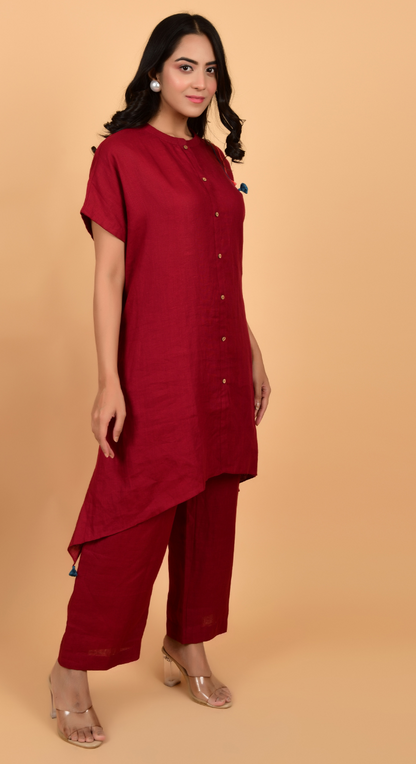 Maroon Linen Co-Ords With Hand Work
