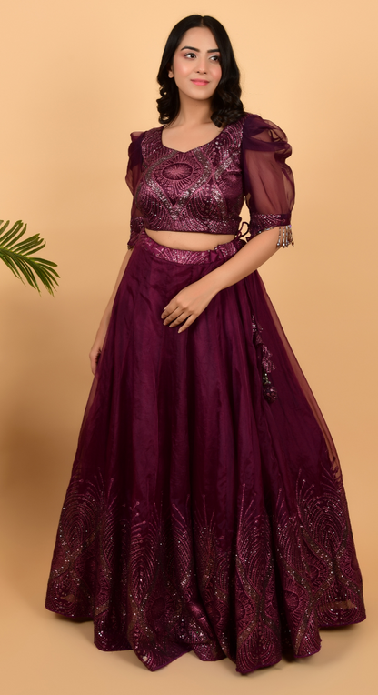Wine Colour Glitter Work Lehenga With Crop Top