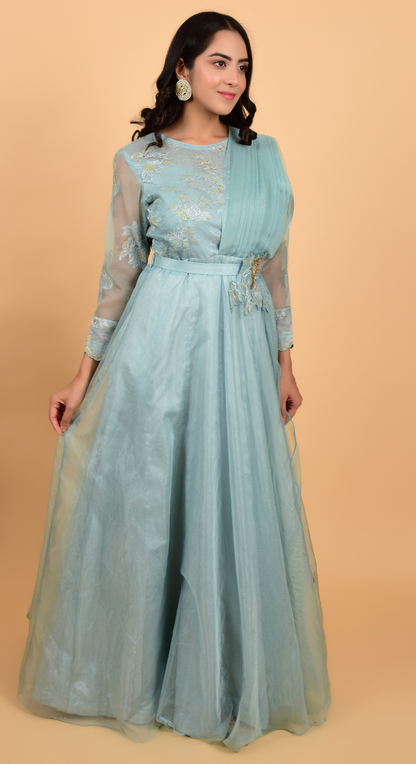 Sky Blue Organza Drapped Gown