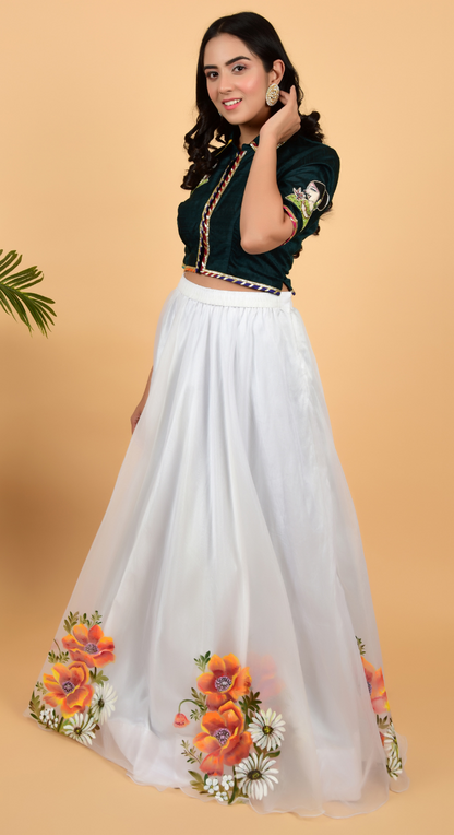 White Free Hand Painted Floral Border Lehenga