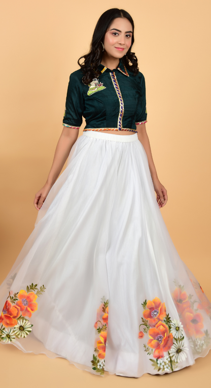 White Free Hand Painted Floral Border Lehenga