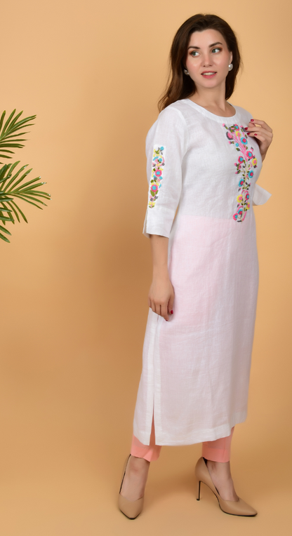 White Fancy Linen Hand Work Kurta