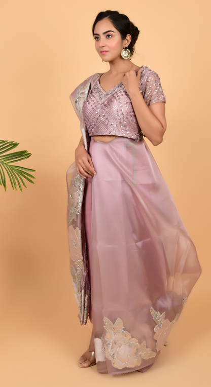 Tissue Organza Pink Saree