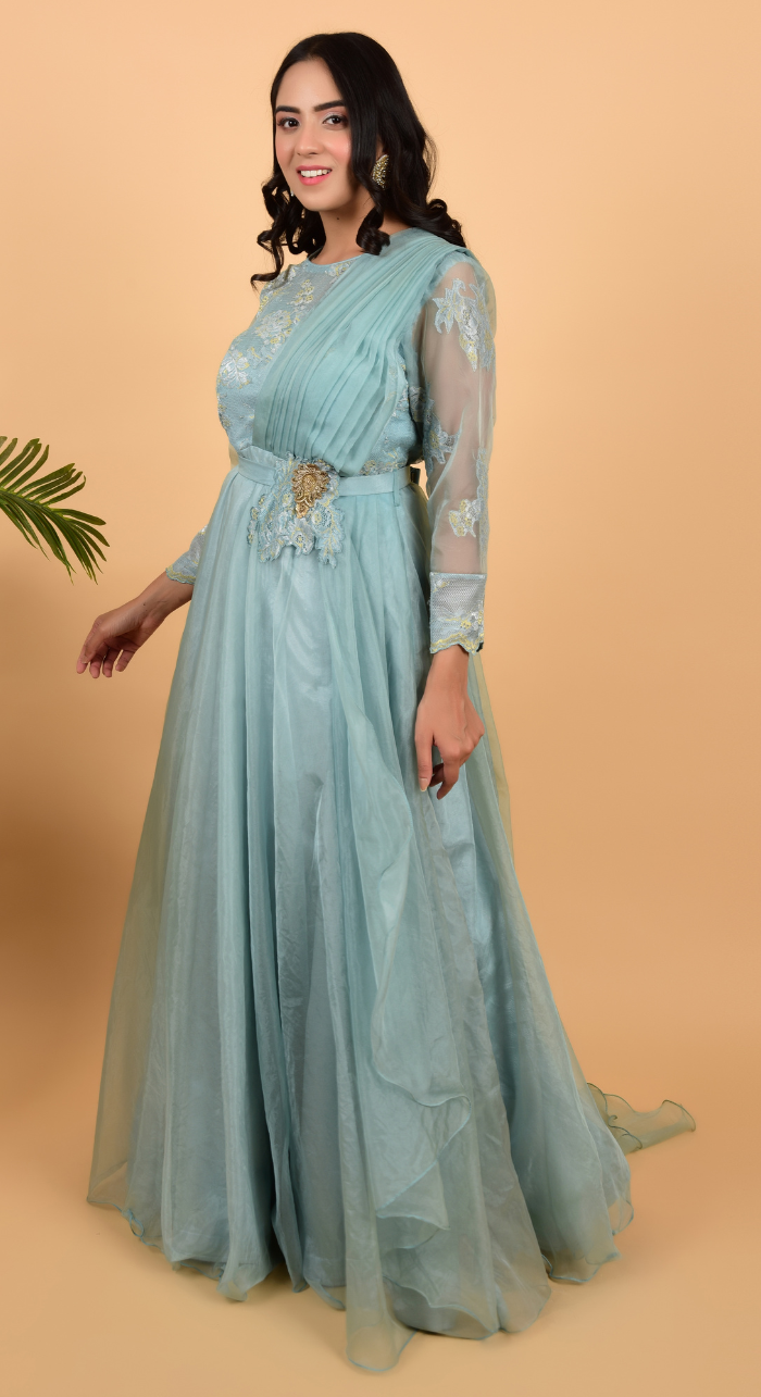 Sky Blue Organza Drapped Gown
