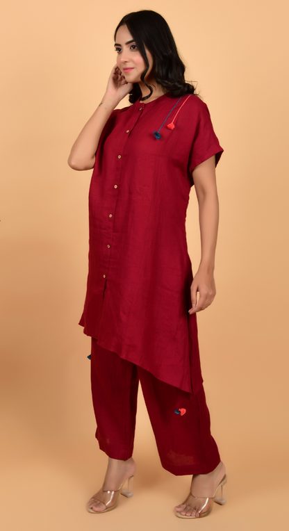 Maroon Linen Co-Ords With Hand Work
