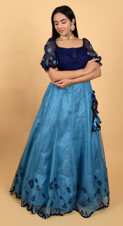 Blue Organza Lehenga With Crop Top