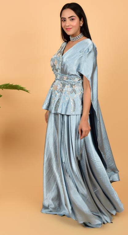 Sky Blue Hand Work Peplum Top With Draped Skirt