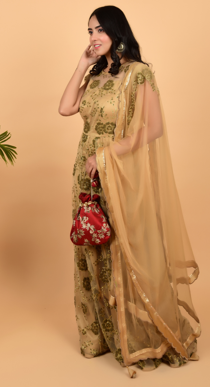 Embroidered Net Golden Gown