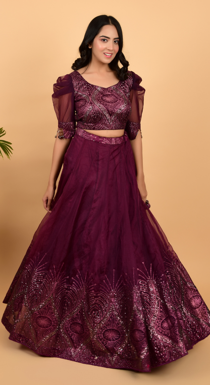 Wine Colour Glitter Work Lehenga With Crop Top