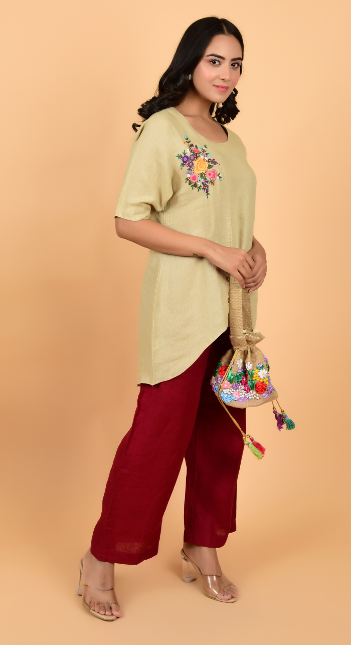 Linen Shirt With Hand Work Embroidery