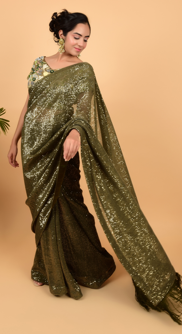 Sequin Saree Online | Buy Bottle Green Trendy Sequin Saree