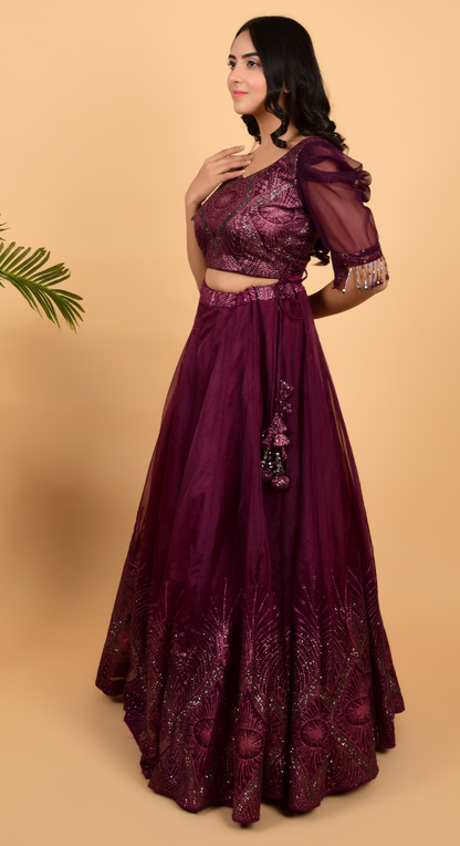 Wine Colour Glitter Work Lehenga With Crop Top