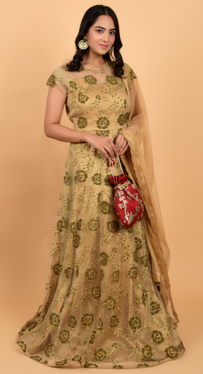 Embroidered Net Golden Gown