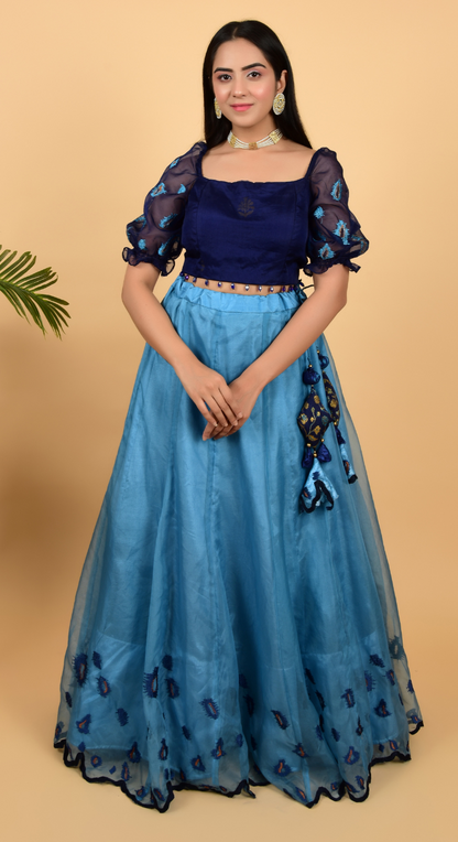 Blue Organza Lehenga With Crop Top