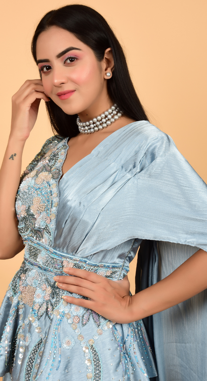 Sky Blue Hand Work Peplum Top With Draped Skirt