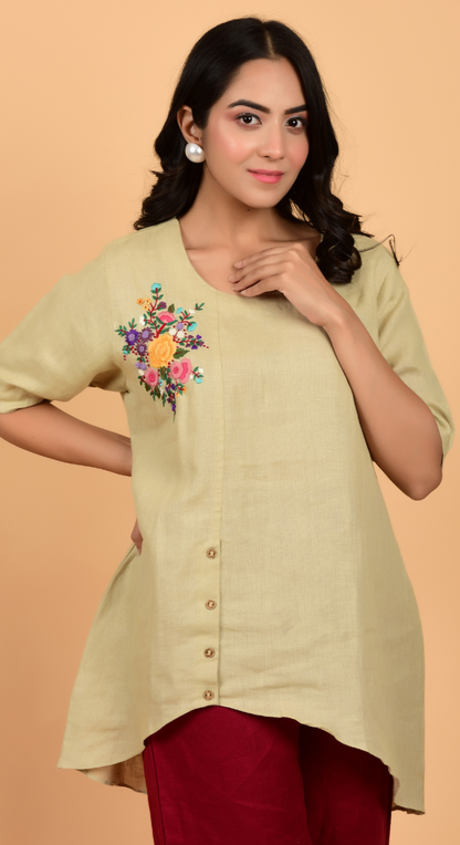 Linen Shirt With Hand Work Embroidery